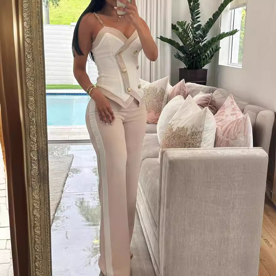 Lace Trim Cami - Damski garnitur do pracy w paski