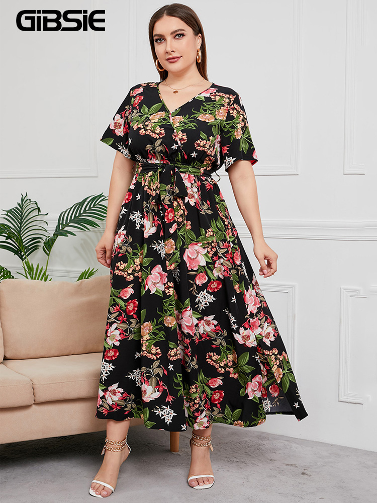 Maxi Dress Boho - GIBSIE Plus rozmiar V Neck kwiatowy