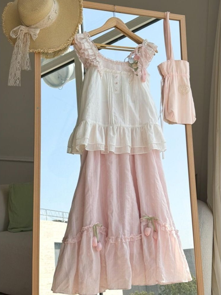 Lace Trim Cami - Słodki, kawaii komplet dwuczęściowy z falbankami